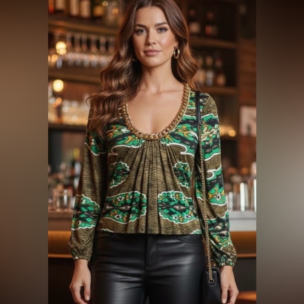 SKY Green Paisley Blouse Gold Metal Accent NWT Small